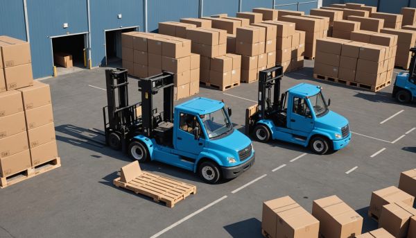 Camions de location et cartons de tri étiquetés